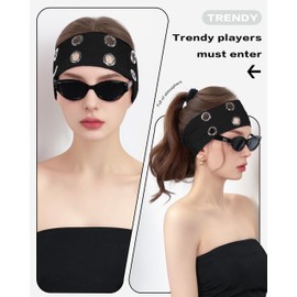 JENSVOIR Grommet Headband for Women, Black 23cm Hollow Out Elastic Hair Band, Eyelets Punk Grunge Stylish Hairband