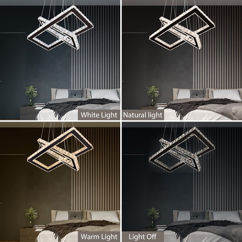 Dimmable Crystal Chandelier, Modern Rectangular 2 Ring LED Pendant Light