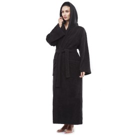 Arus Womens Classic Long Hooded Full Length Turkish Cotton Ankle Length Bath Robe Black, Large-X-Large