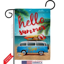 Fun In The Sun Hello Summer, Enjoy Bus Garden Flag Summer Beach Pool Luau Tropical Party Season Outdoor Summertime Sunny Small Decorative Gift Yard House Banner Double-Sided Made USA 13 X 18.5