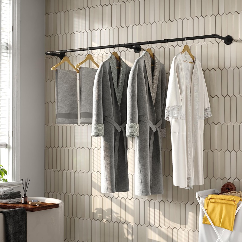 Crehomfy Industrial Pipe Clothes Rack with 3 S-shaped Hooks, 72’'L