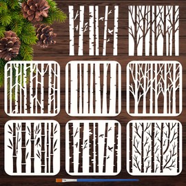 FINGERINSPIRE 6PCS Tree Trunk Stencils for Painting with Brush 5.9x5.9inch Reusable Birch Bamboo Branch Template Hollowed Flying Birds Stencil Plastic PET Plant Theme Template for Wall Decoration