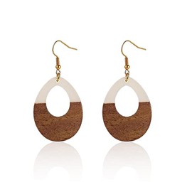 Resin Wooden Lightweight Geometric Dangle Drop Earrings Natural Wood Teardrop Earrings for Women Statement Bohemian Jewelry-A white