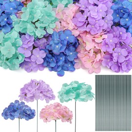 XunYee 60 Pcs Artificial Hydrangea Flowers Bulk Fake Silk Hydrangea Flowers Heads with Stems for Wedding Birthday Home Garden Table Centerpiece Decor(Purple, Blue,Pink, Green)
