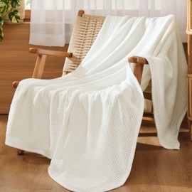 Bedsure 100% Cotton Blanket Twin XL Size for Bed - Soft Cozy Basket Woven Blanket for Summer, Breathable and Lightweight Thermal Blanket, White, 66x90 inches