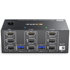KVM Switch 3 Monitors 2 Computers 8K@60Hz 4K@144Hz, 2 Displayport + HDMI USB3.0 KVM Switch Triple Monitor with 4 USB 3.0 Port for Keyboard Mouse, Wired Remote,Power Adapter and 5 Cables Included