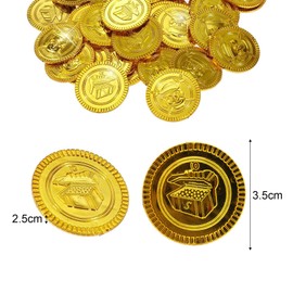 Pack of 50 Gold Coins, Pirate Treasure Gold Coins Toy, Gold Taler Pirate Treasure Birthday, Plastic Gold Thaler, Pirate Party, Buccaneer, Treasure Hunt, Play Coins, Gift for Party (50)