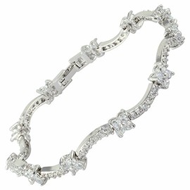 Riva Rhinestone Flower 18 K White Gold Plated Blue Sapphire Color Round CZ Tennis Bracelet, Gold Plated, White