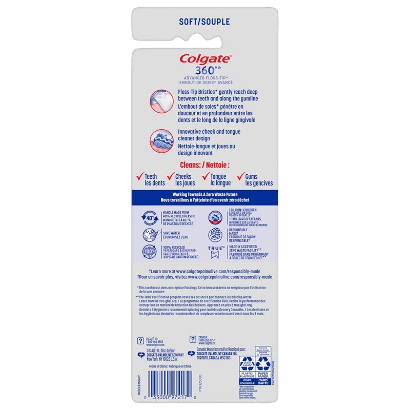 Colgate 360 Advanced Floss Tip Soft Bristle Toothbrush, 17x Thinner