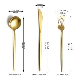 Evanda Gold Silverware Set 60 Piece Service for 20, Titanium Gold Plated Stainless Steel Flatware Set, Knives Forks Spoons Cutlery Set for Wedding, Parties, Birthday, Restauroom, Dishwasher Safe