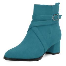 NUMALEO Women's Outdoor Chunky Suede Casual Low Heel Buckle Round Toe Ankle High 2 Inch Boots Teal Size 9 - Zapatos de Mujer Elegantes Y Comodos