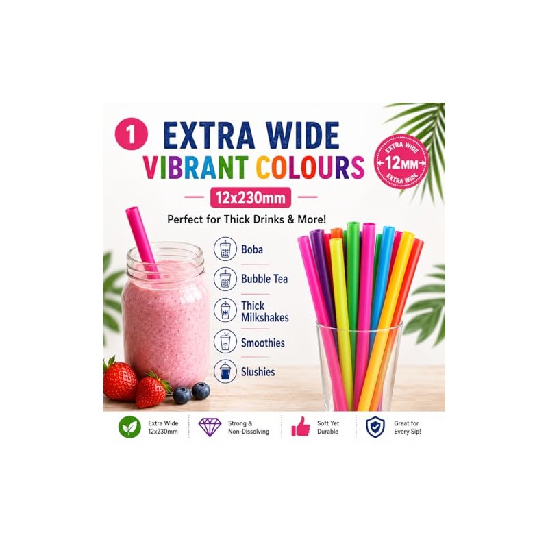 100-Pack Extra Long Wide Straight Straws – 8 Vibrant Colours