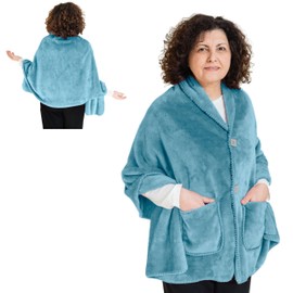 EzrAllora Fleece Poncho Blanket -No Sleeves- Lightweight Warm Wrap Shawl - Wearable Blanket - Lap Blanket - Gift for Grandma (Royal Sky)