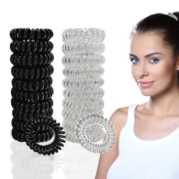 Styla Hair 20 Piece Spiral Hair Ties for Women Good for all Hair Types, No Crease, No Damage Hair Ties Spiral Design Gentle on Hair Telephone Cord Hair Ties No Headache, Comfortable for All Day Wear Ponytail Holder, Black Clear