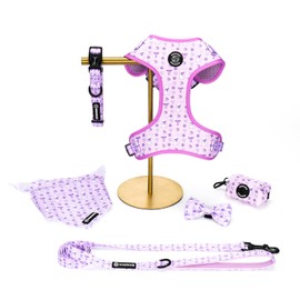 Dog Harness and Lead, Bow Tie Collar Set with Dog Poop Bag Holder and Bandanas, Escape Proof Adjustable Puppy Cat Vest with Soft Mesh Padded, Pet Supplies for Small Medium Dogs Kitten(Purple, L)