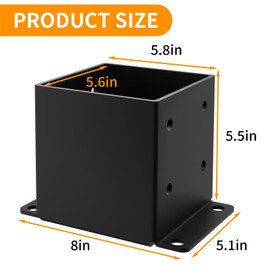 6x6 Post Base 2PCS, Inner Size 5.6x5.6 Inch Fence Post Anchor, Rust-Proof 13 Gauge Heavy Duty Solid Steel Black Powder-Coated Railing Post Brackets, for Support Deck, Pergola, Includes Screws