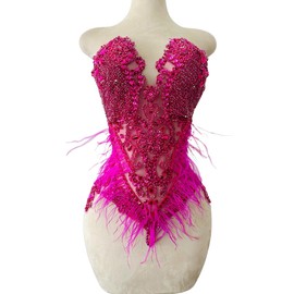 ESOSZNUA Pure Handmade Bodice lace Rhinestones Applique Sewing Stones Beads Crystal Trimming Patches Accessories for Wedding Dress Ostrich Feather Decorations 13.7X22inches 1pcs/Bag (Rose red)