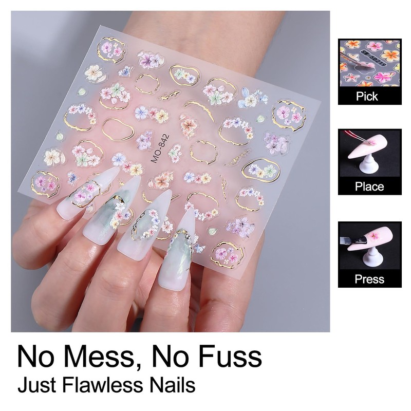 5D Flower Nail Art Stickers - 6 Sheets Embossed Floral