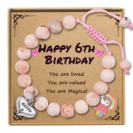 Vesmiga 6 Year Old Girl Gifts - 6th Birthday Gift for Girls, Girl Birthday Presents, Pink Heart Zebra Jasper Bracelet with Number for Teenage Daughter Granddaughter Niece