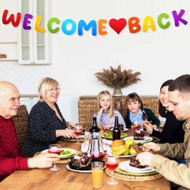 HJZHII Glitter Welcome Back Banner, Back to School Party Hanging Banner Homecoming Returning Home Retirement Party Decor First Day of School Party Classroom Decorations Photo Prop(Multi)