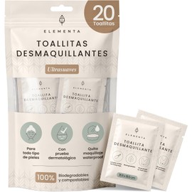Elementa Toallitas Desmaquillantes Individuales, Toallitas Húmedas para Desmaquillar Ojos y Rostro, con Aloe Vera y Vitamina E, Hipoalergénicas, Biodegradables 20 Toallitas Individuales