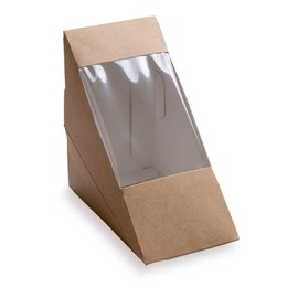 Cafe Vision 4.8 x 2.8 Inch Sandwich Paper Boxes, 200 Medium Sandwich Wedge Boxes - With Window, Disposable, Kraft Paper Triangle Sandwich Containers, Grease-Resistant Lining - Restaurantware
