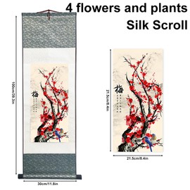 Ziosxin Chinese Art Painting Chinese Brush Landscape Ink Flower and Bird Painting Asian Tapestry Silk Scroll Painting Decor Wall Hanging Painting (4 flowers and plants, 39" x 12"/100 x 30cm)