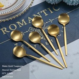 HOMQUEN Matte Gold Teaspoons, 6 Pieces, 6.6 Inch Spoons, Silver Cutlery, Small Spoons Made of Stainless Steel, Teaspoons for Home, Kitchen or Restaurant, Dishwasher Safe (Matt Gold, 6.6 inches)