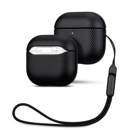 Haobobro For AirPods 4 Case / AirPods 4 with Active Noise Cancelling Case - [Carbon Fiber Texture] PU Leather Protective Case with Lanyard Loop - for AirPods 4th Generation Case - Black