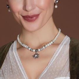 Jewellery Set Costume Necklace & Edelweiss Stud Earrings with Pearl – Women's Costume Set Pearl Necklace & Costume Earrings, Dirndl Necklace Rhinestone Edelweiss for Costume Blouse, Oktoberfest Dirndl