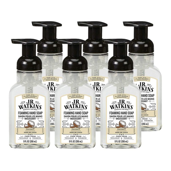 J.R. Watkins Foaming Hand Soap For Bathroom or Kitchen, Scented, USA Made And Cruelty Free, Coconut, 9 Fl Oz x Pack of 6