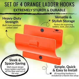 ALWORG Ladder Holders - Set of 4 Garage Hooks - Orange Wall Mount Heavy Duty Ladder Hangers and Brackets