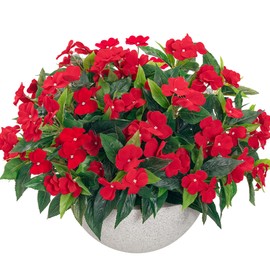 Uqueeten15.7” Spring Decorations for Home Flowers Fake Plants Fake Flowers Artificial Impatiens Bouquet Flowers for Outdoors Silk Faux Flowers Impatiens Plants Decor Indoor Planters 8PCS Red