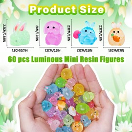 60Pcs Easter Luminous Mini Resin Figurines Miniature Figurines Tiny Small Easter Glow in The Dark Little Bunnies Chicken for Dollhouse Eggs Fillers Landscape Micro Garden Decoration Party Favors
