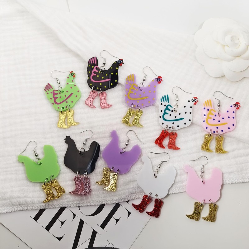 Chicken in Boots Dangle Earrings - Rooster in High Heels