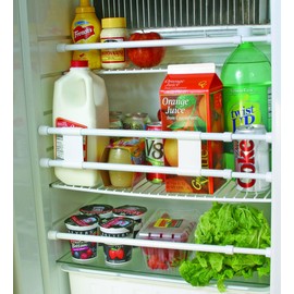 Camco 44053 28" RV Refrigerator Bar - Holds Food and Drinks in Place During Travel - Prevents Messy Spills - Spring Loaded and Extends Between 16" and 28" - 3 Pack - White (44074)