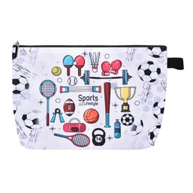 Ancnoz Sports Makeup Bag Multi-Sport Design Canvas Cosmetic Pouch for Sports Lover Soccer Fan Portable Fitness Toiletry Organizer for Women Men Athlete Travel Gym Party Favor Gift​
