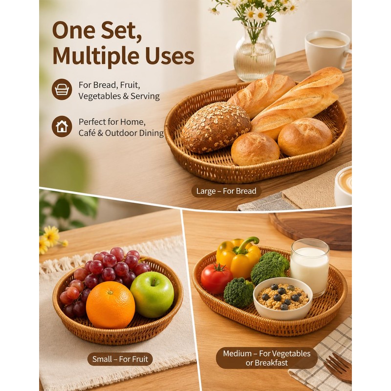 Woven Bread Basket, 3 Pack Wicker Fruit Baskets Rattan Bread