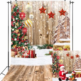 Christmas Wood Wall Backdrop for Photography 5x7FT Rustic Wooden Floor Background Winter Holiday Glitter Christmas Party Decoration for Kids Portrait Photo Props
