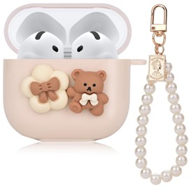 Cute Case for AirPod 4 Lovely Bow Flower Bear Design with Pearl Chain, Soft Protective Cover for AirPods 4th Generation 2024 Released