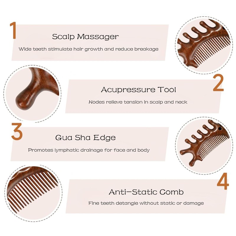 Sandalwood Scalp Massager Comb - 4-in-1 Natural Wooden Massage Tool