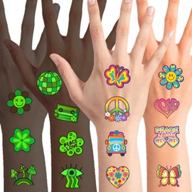 Qpout 96pcs Glow In The Dark Hippie Tattoos Stickers Groovy 70s 80s 90s Temporary Tattoos for Kids,Waterproof Love and Peace Sign Luminous Face Tattoos Flower Power Rainbow Hippie Theme Party