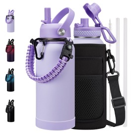 32 oz Insulated Water Bottle with Straw - Pop-up Spout Lid, Paracord Handle, Carrier Bag with Strap, Leak Proof Stainless Steel Water Bottle 32oz, Cold Flask Jug for Traveling Hiking