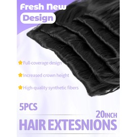 KooKaStyle Hair Extensions 5PCS Long Wavy Upgrate Invisible Full Coverage Edges Seamless Clip in Extensions for Women 20 Inch Natural Black Synthetic Natural Hairpieces