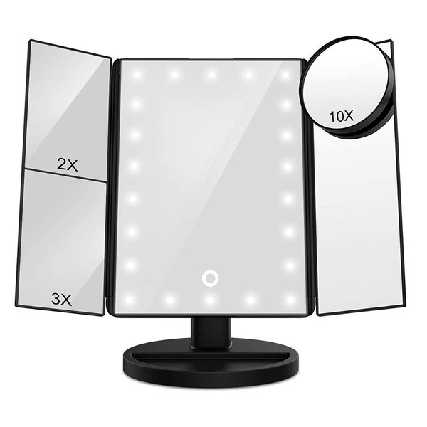 FASCINATE Vanity Mirror with Lights, Trifold Lighted up Makeup Mirror with Magnification 10X/3X/2X, Touch Screen 21 Led, Dual Power Supply, 180° Rotation Portable Lighted Beauty Mirror (Black)