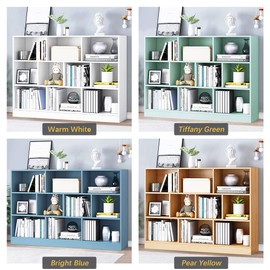 IOTXY Open Shelf Low Bookcase - Wooden 3-Tier Floor Standing Display Cabinet Organizer with Base, 10 Cubes Short Horizontal Bookshelf in Pear Yellow