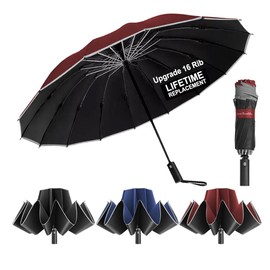 Ultimate Windproof Inverted Travel Umbrella 16 Rib with Reflective Edges, Automatic Folding, Compact & Portable, Durable Reverse-Fold Rain Umbrella for Car & Backpack - F1.3.UV.Burgundy