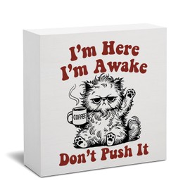 Funny Office Desk Decor, Cat Coffee Wooden Sign, Cute Office Cubicle Humor Block Decor for Coffee Lovers Cat Moms 5x5