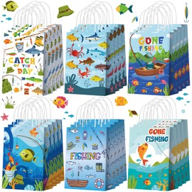Kosiz 24pcs Gone Fishing Party Favors Bags Little Fisherman Gift 1st Birthday Goodie Paper Bags Cute Fish Animal Candy Treat Pouch with Handles for Summer Fishing Party Decorations Supplies
