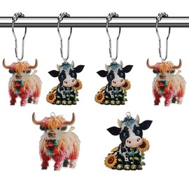 Cute Highland Cow Shower Curtain Hooks - Metal Silver Shower Curtain Rings Western Farmhouse Shower Curtain Hooks Set Bathroom Accessory, Chic Rustic Shower Hooks for Shower Curtain Liner